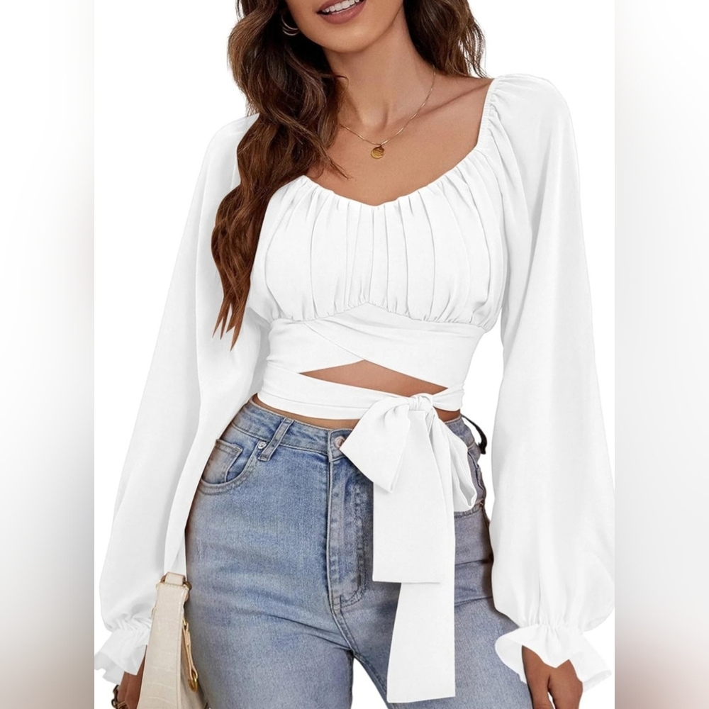 New White Wrap Tie Front Crop Top Blouse